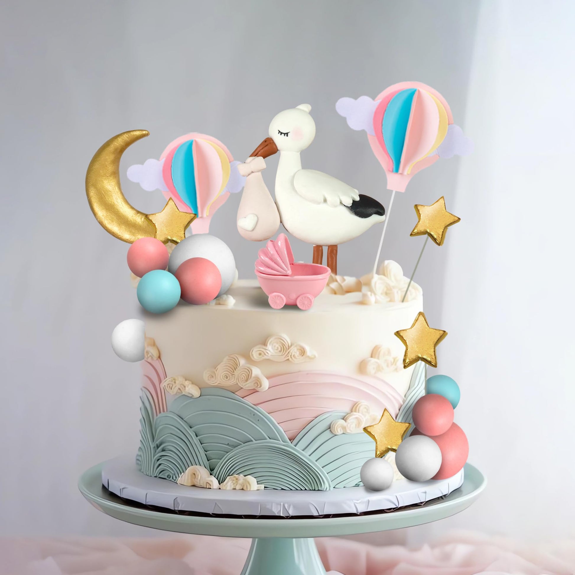 Gender Reveal Cake Topper Storks Cake Decorations Cloud Star Moon Hot Air Balloon Pink Blue Balls for Birthday Gender Reveal