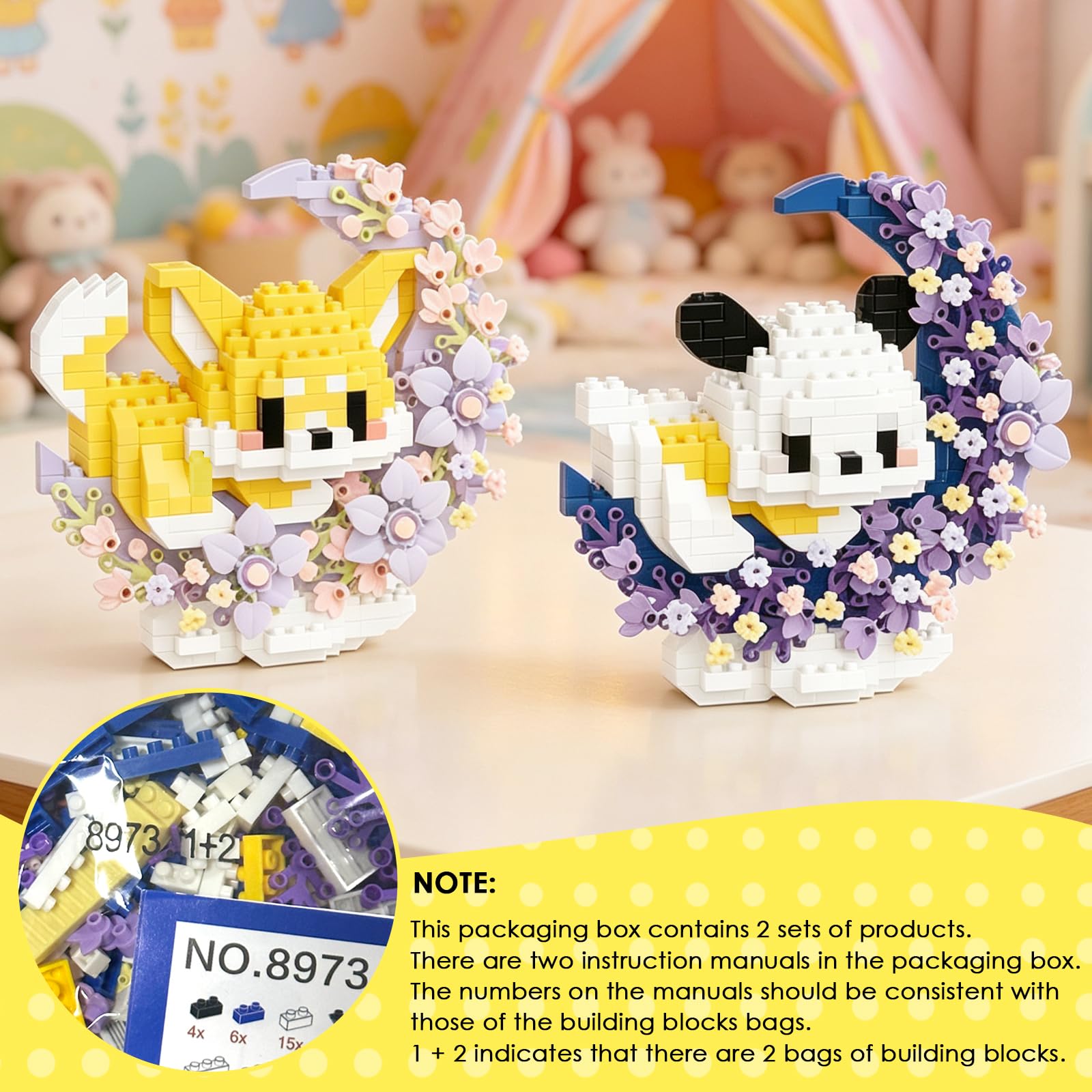 Uermis 2 Pack Cute Dog Micro Building Set, Mini Animal Set with Moon Flower Wreath, Creative Art Craft and Home Decor, Ideal Gift for Teens Adults