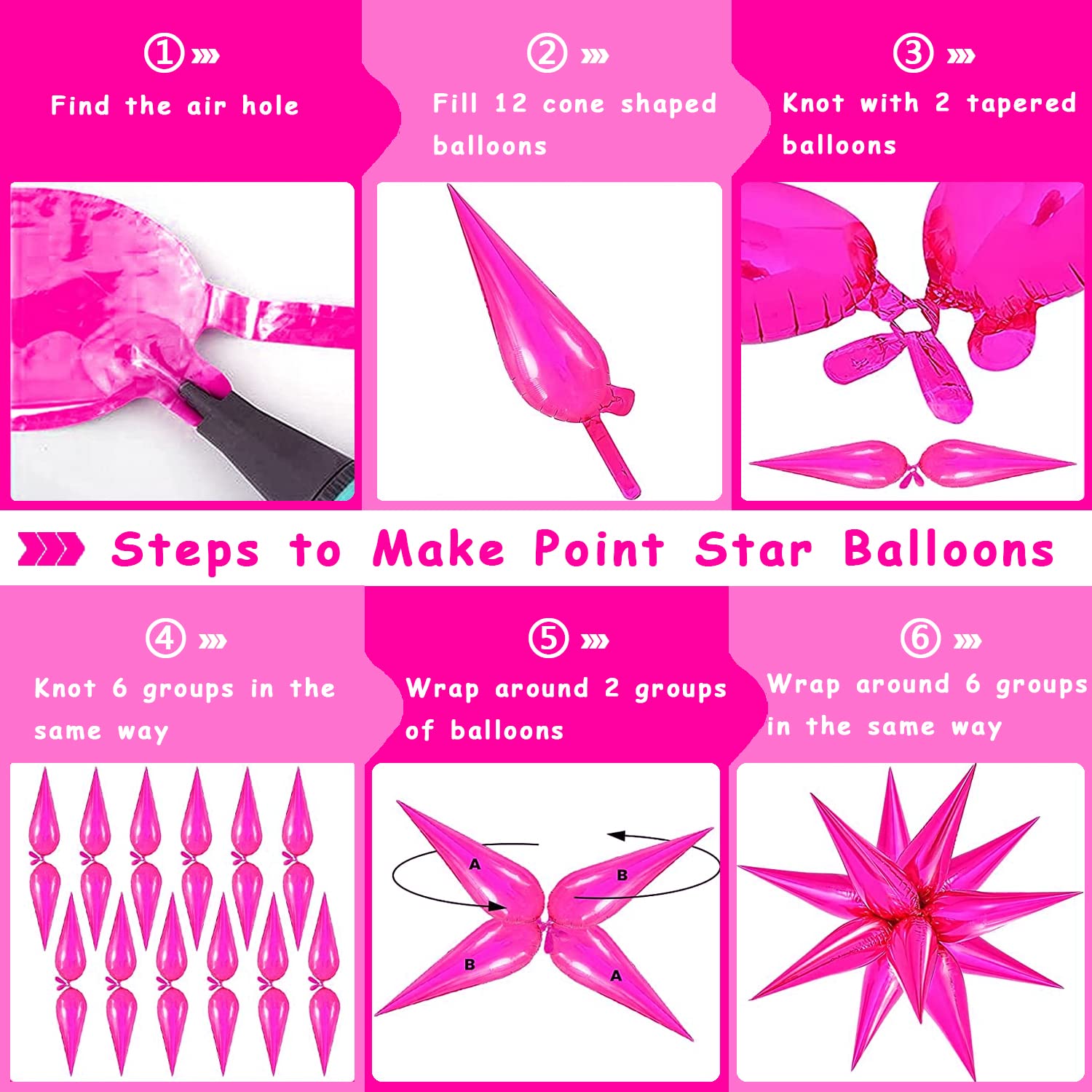 FUNTOOB Hot Pink Balloons Star Balloons Metallic Star Foil Balloons Hot Pink Star Cone Balloons Starburst Balloon Spike Balloons for Birthday