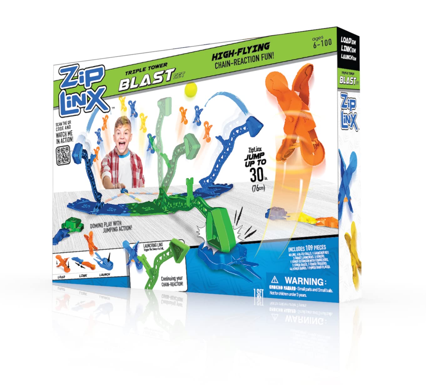 Zip Linx ZipLinx Jumping Domino Action - Triple Tower Blast | Chain Reaction Game - Create Unlimited Designs | Includes 40, 6 Hi-Fly Balls, 3