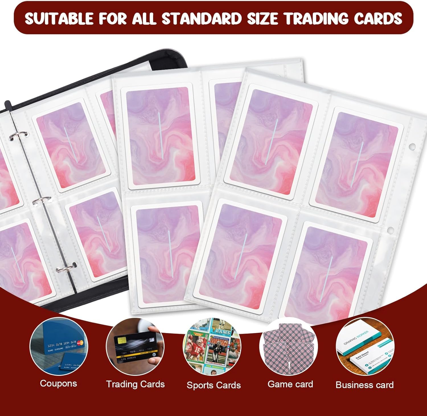 Trading Card Binder 50 Pages 400 Pockets Compatible with TCG, MTG, Yu-Gi-Oh Cards, Portable Waterproof PU Card Holder, Collectible Card Album for