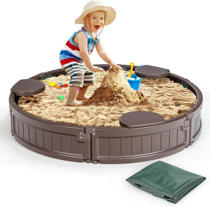 Costzon Round Kids Sandbox with Cover, HDPE Sand Pit w/Detachable Built-in Seating & Bottom Liner for Backyard, Garden, Beach, Lawn, Outdoor Sand Box