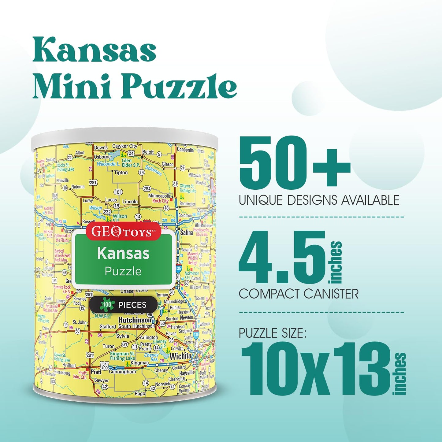 Geotoys Kansas Mini State Puzzle - 100 Piece Puzzles for Kids and Adults in Portable Can, 13" x 10" Educational Travel Puzzle for Ages 7 and Up - Mini