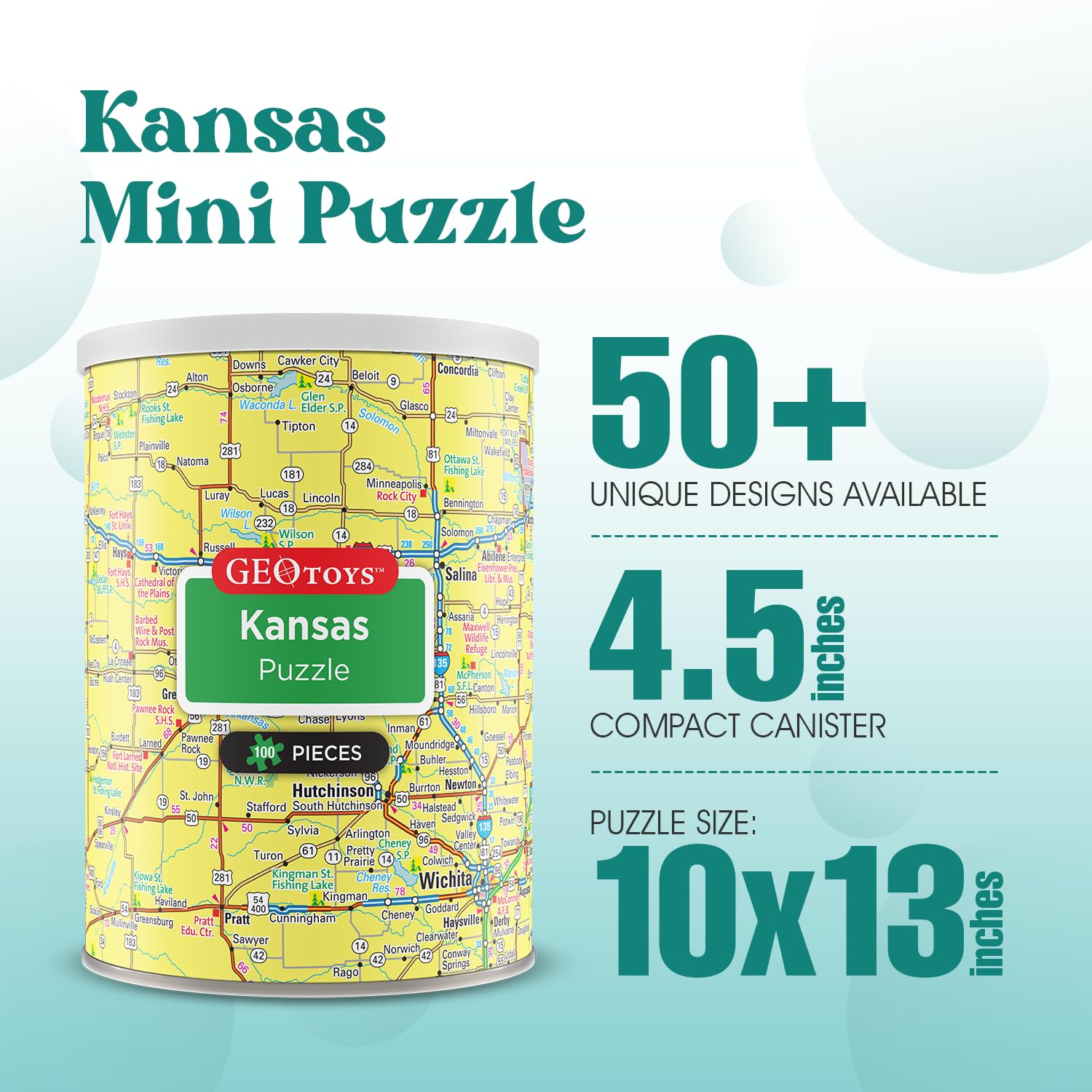 Geotoys Kansas Mini State Puzzle - 100 Piece Puzzles for Kids and Adults in Portable Can, 13" x 10" Educational Travel Puzzle for Ages 7 and Up - Mini