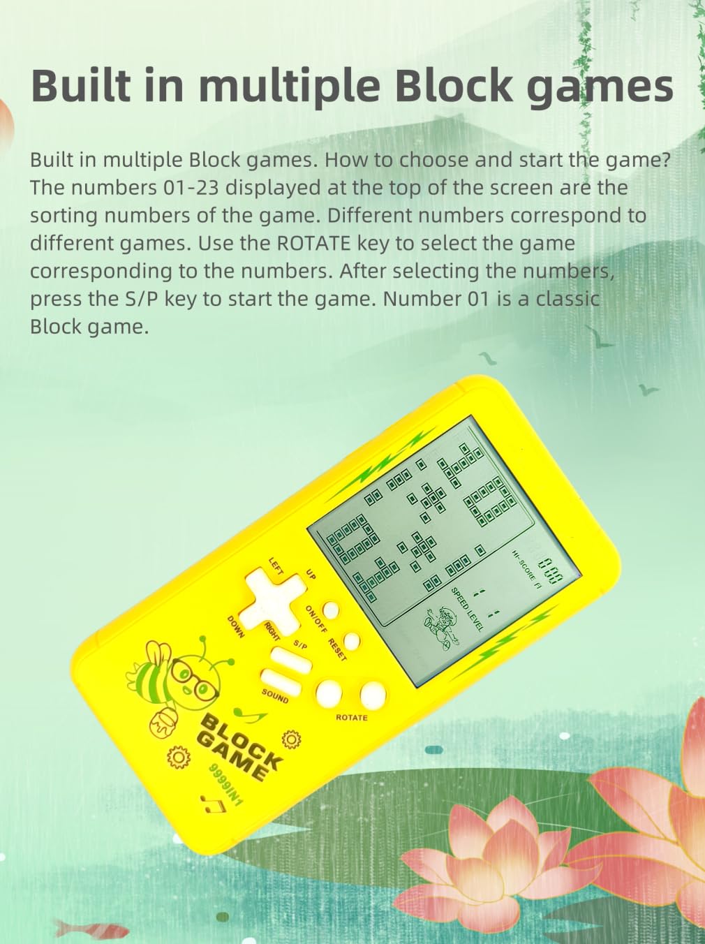 TAQY Cute Cartoon Pattern Brick Game Console Built-in Multi-Block Games Racing/Tank Battle Retro Pocket Machine Electronic Game Portable Toys for