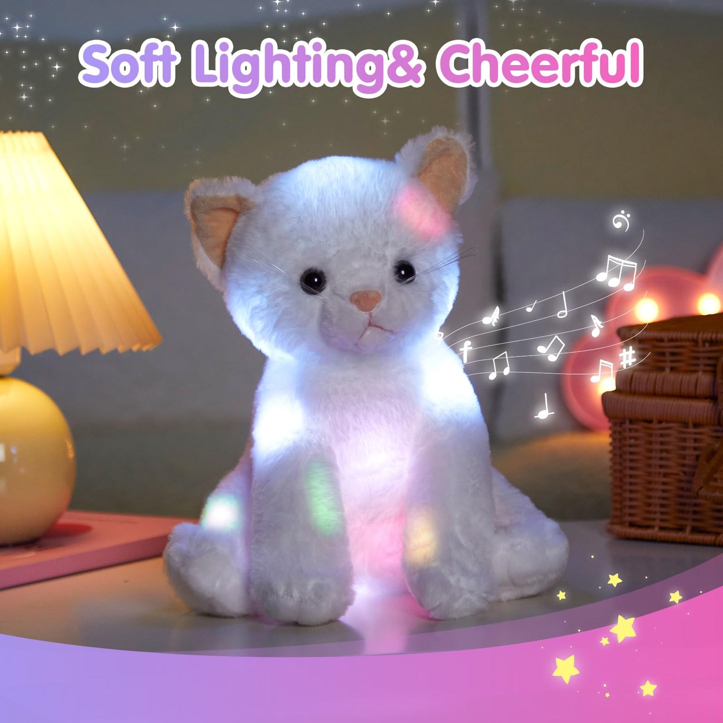 Houwsbaby 12'' White Musical Light Up Cat Stuffed Animal Kitty Plush Toy Singing LED Glowing Cat Plush Toy Christmas Festival Birthday Presents