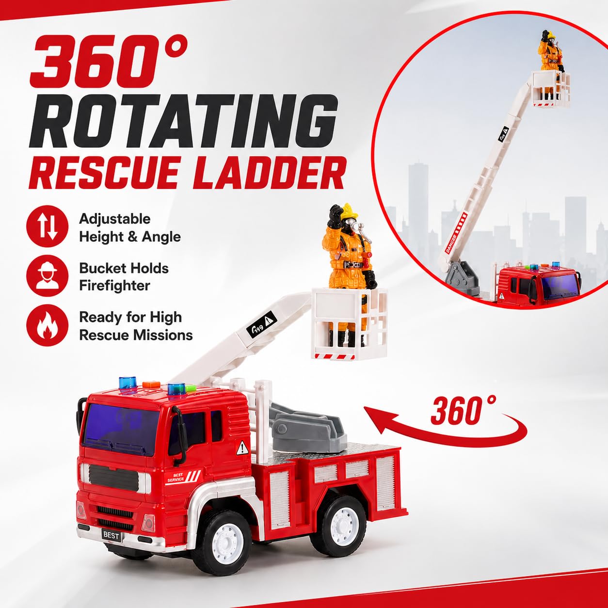 Fire Rescue Toy Set for Kids Ages 3+ - Friction Powered Fire Truck, Rescue Helicopter, Fire Chef Car & 2 Firefighter Figures with Lights & Sounds