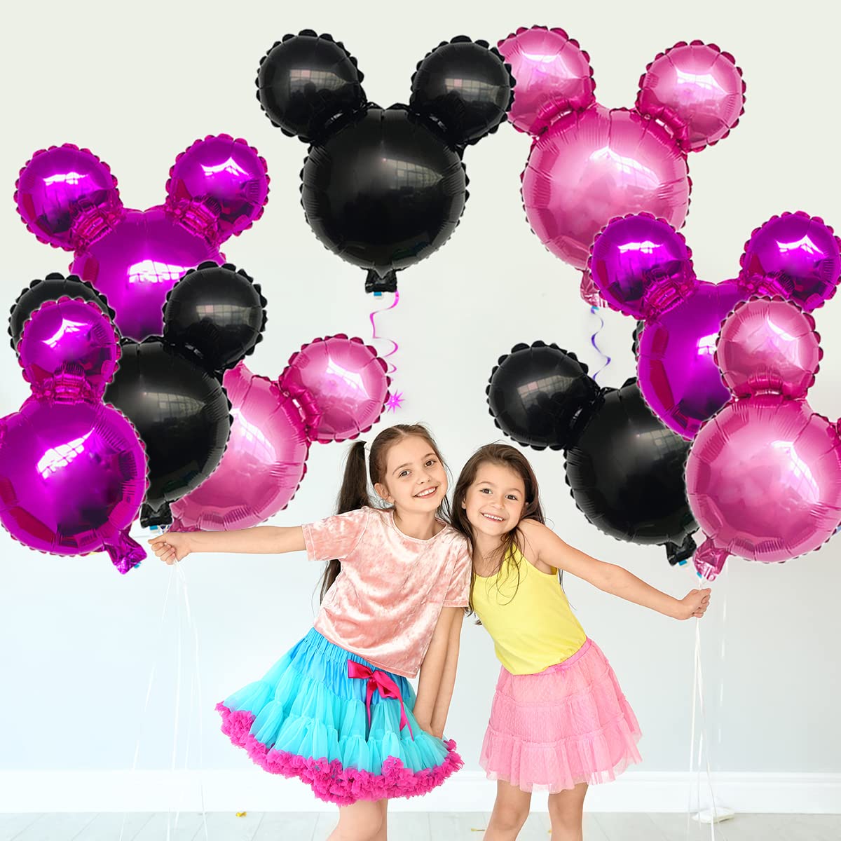 9Pcs Pink Mouse Party Foil Balloons, 27” Black, Rose Red, Pink Balloons, Cartoon Mouse Party, Baby Party, Girl Party, Kids Birthday Theme Party