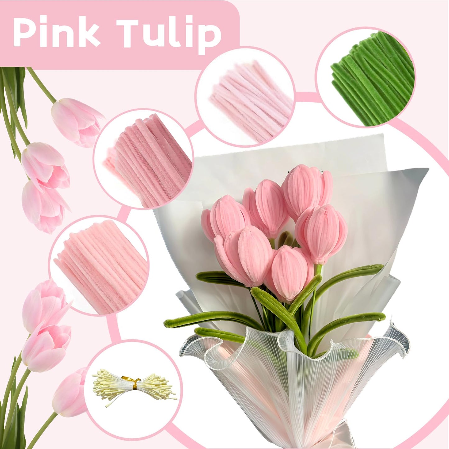 CllyCnny Pipe Cleaner Flower Craft Kit, 400 PCS Extra Thick 8mm Chenille Stems DIY Tulip Bouquet Making Set with Stamens, Floral Stems, Tape, Glue