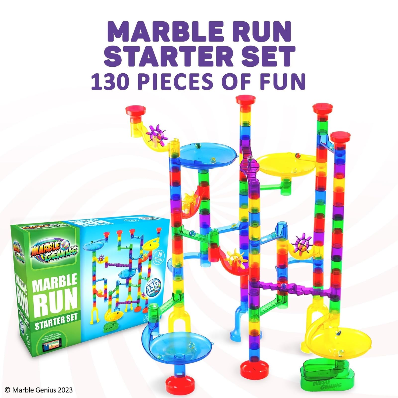 Marble Genius Marble Run Starter Set, STEM Toys & Maze Construction Building - 130 Translucent Track Pieces & Glass Marbles for Family, Kids Toddlers