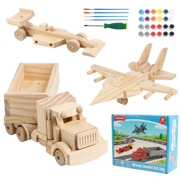 VOMOCNET 3 Pack DIY Wooden Model Building Kit, Includes Fighter Jet, Truck, Race Car, Paint Your Own Arts and Crafts, STEM Toys Birthday Gifts