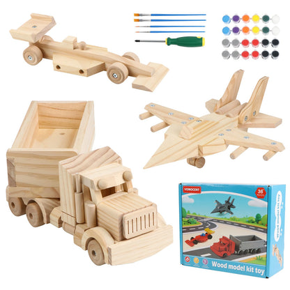 VOMOCNET 3 Pack DIY Wooden Model Building Kit, Includes Fighter Jet, Truck, Race Car, Paint Your Own Arts and Crafts, STEM Toys Birthday Gifts