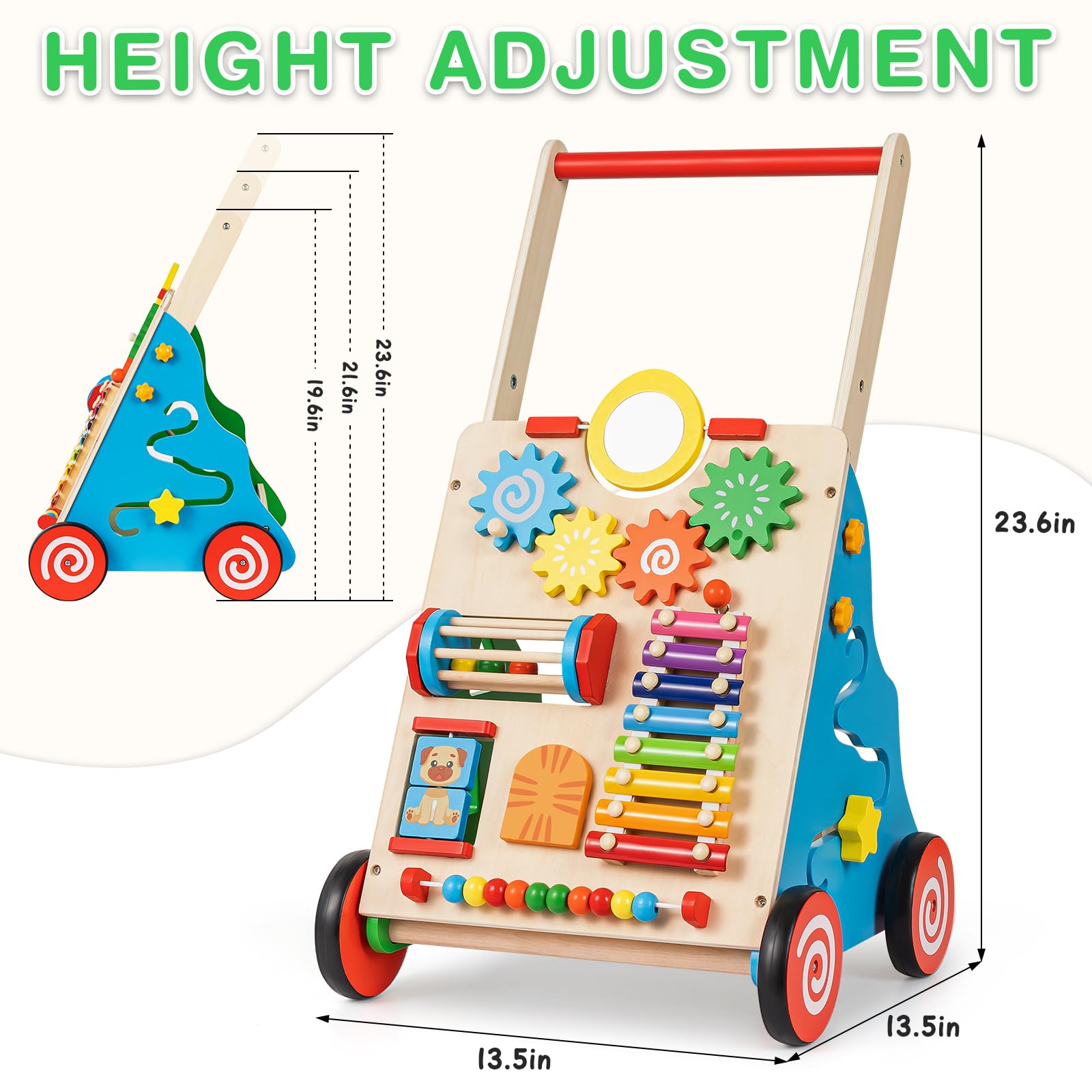 HUZU Wooden Baby Walker with Wheels, Montessori Push and Pull Activity Center for Toddlers, Adjustable Height & Speed, Learning Toy for 6-12 Months