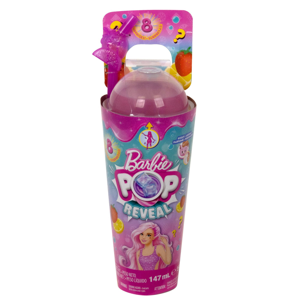 Barbie Pop Reveal Doll & Accessories, Strawberry Lemonade Scent with Pink Hair, 8 Surprises Include Slime & Squishy Puppy