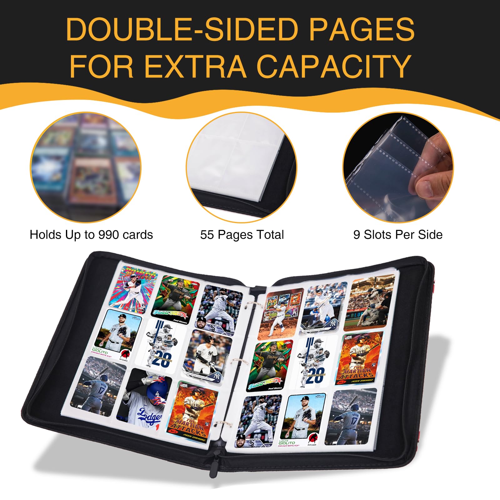 Collectible Trading Card Albums, 9 Pocket Trading Card Holder Fits 990 Cards With 55 Removable Sleeves Card Storage Organizer Case Compatible with
