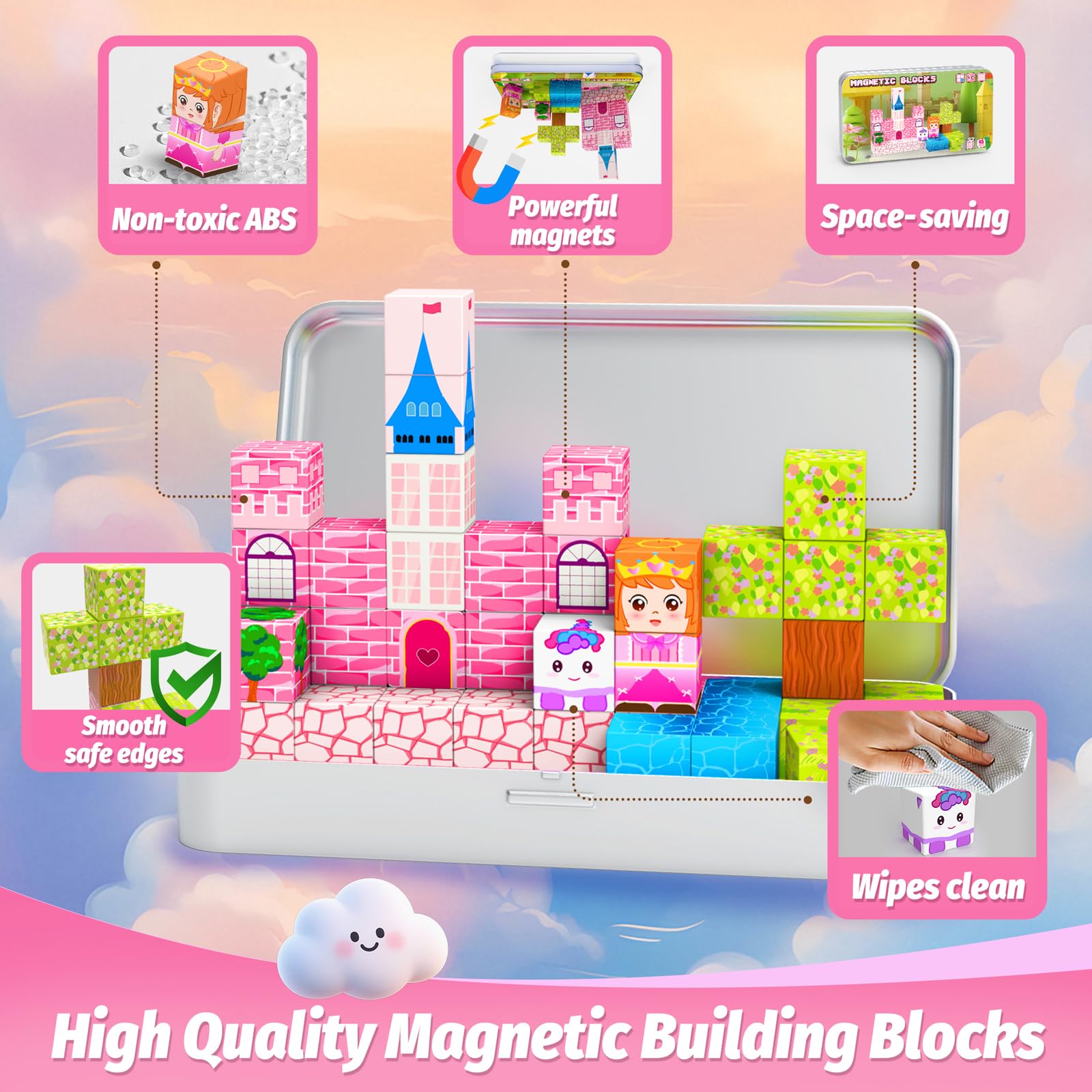 CEMECER Travel Magnetic Cubes, Princess STEM Building Blocks for Plane Road Trips, Magnetic Construction Toys for Kids