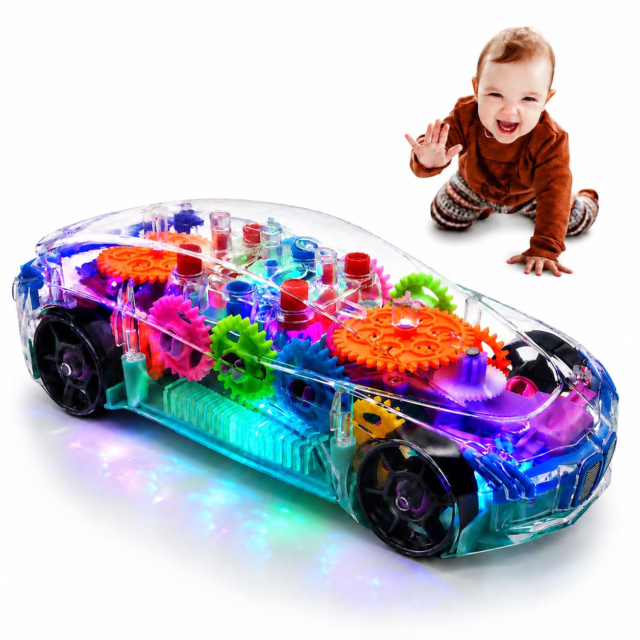 TOOTY TOY Transparent Sensory Gear Toy Car for Kids, Bump & Go Toy Car with Colorful Moving Gears, Music & LED Lights, Interactive Light Up Toys