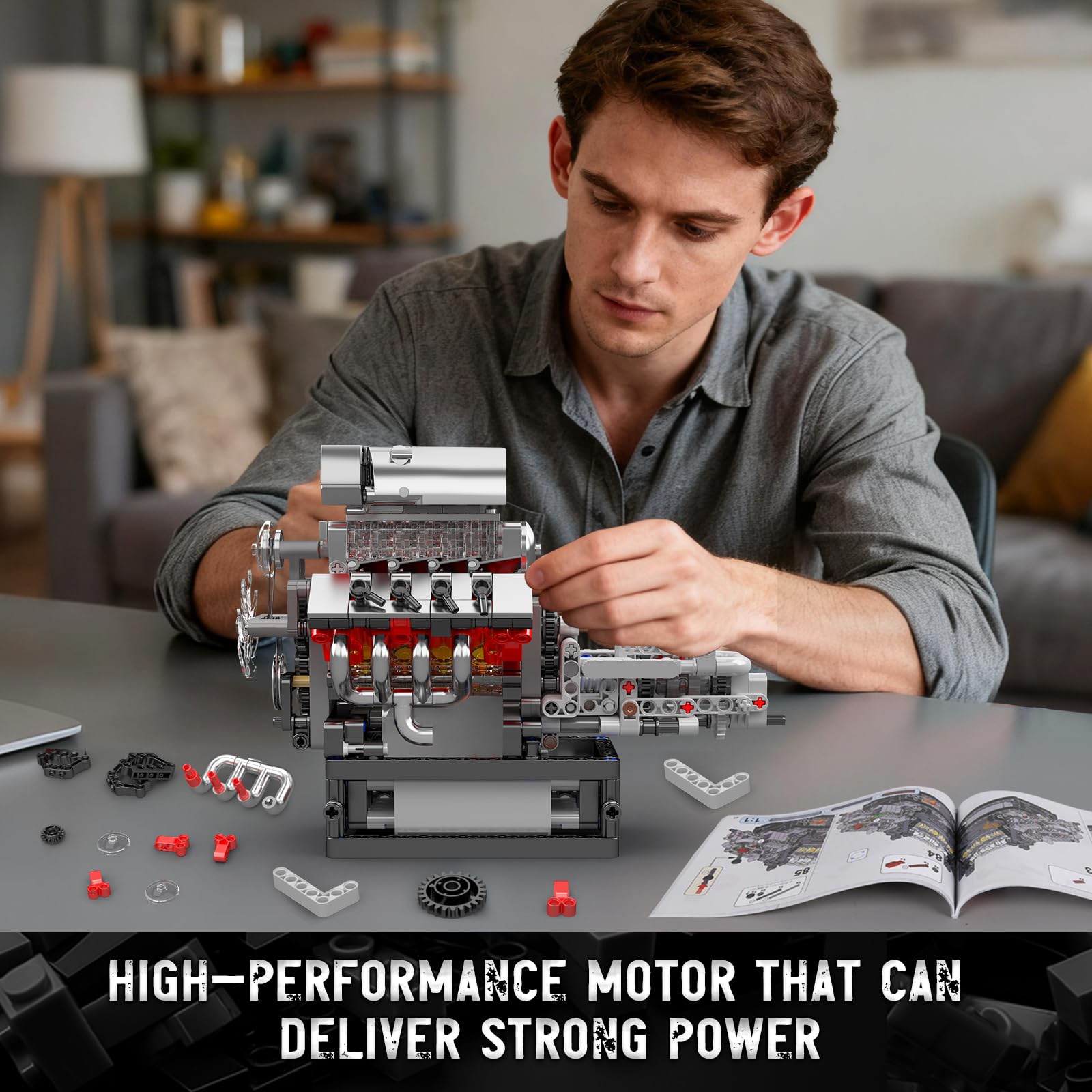 Mould King 10225 V8 Engine Model Kit that Works - Car Engine Building Blocks Kit with Battery, STEM Mechanic Engineering Construction Set, Collection