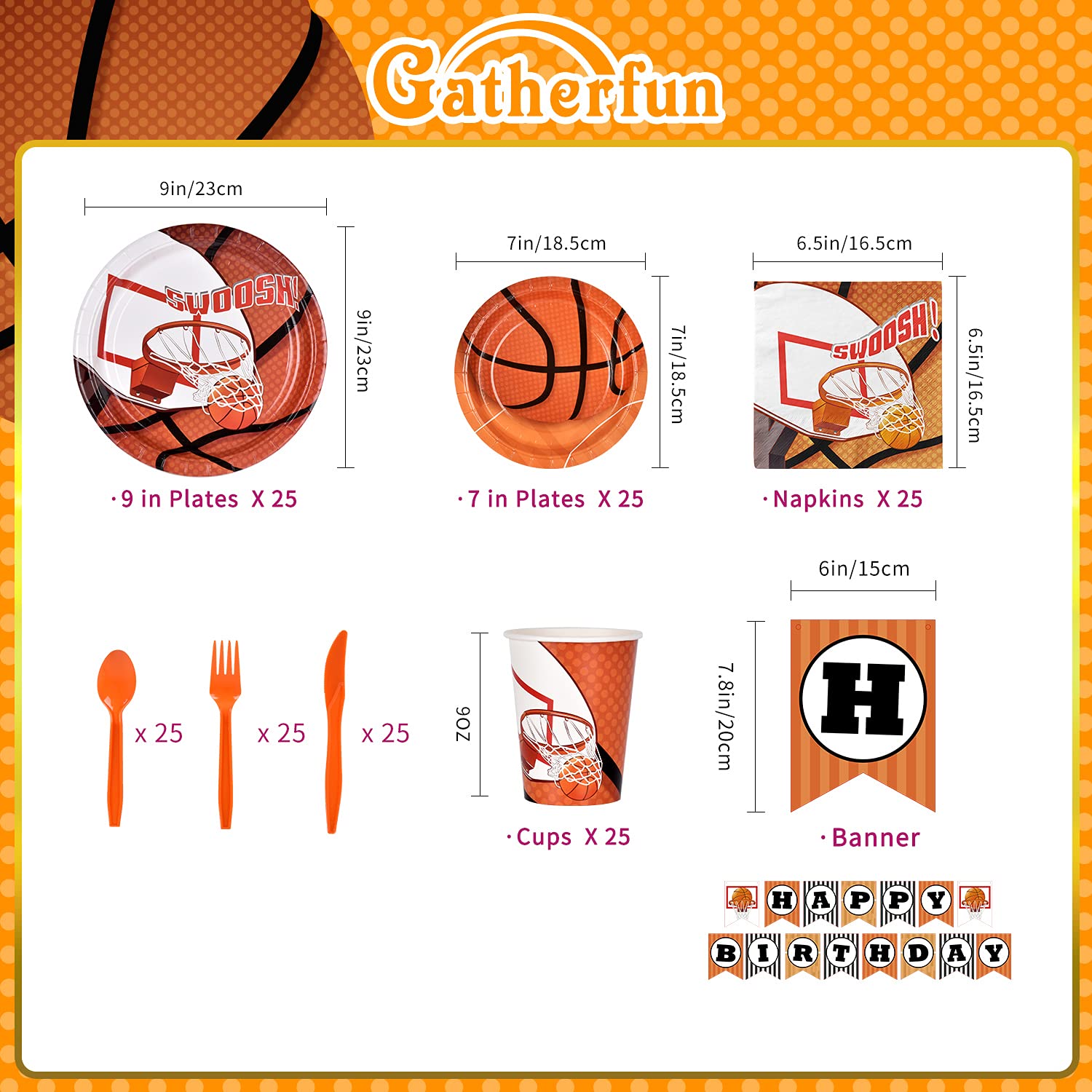 Gatherfun Basketball Party Supplies Paper Plates Napkins Cups Knives Forks Spoons with Balloons and Banner for Kids and Adult Birthday Party March