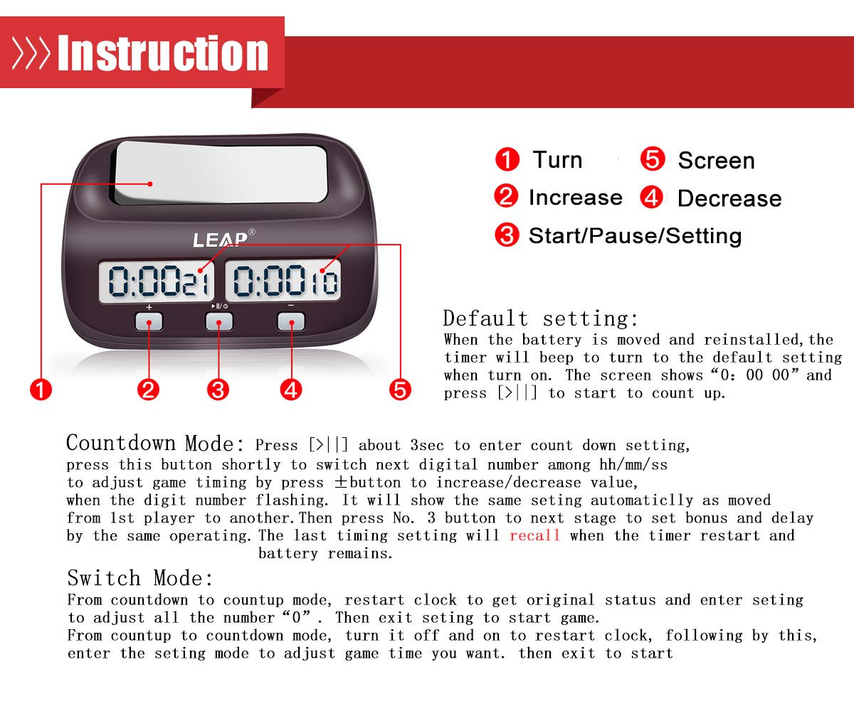 LEAP Chess Clock Digital Chess Timer Professional for Board Games Timer with Alarm Function (Official Store) Brownish Red