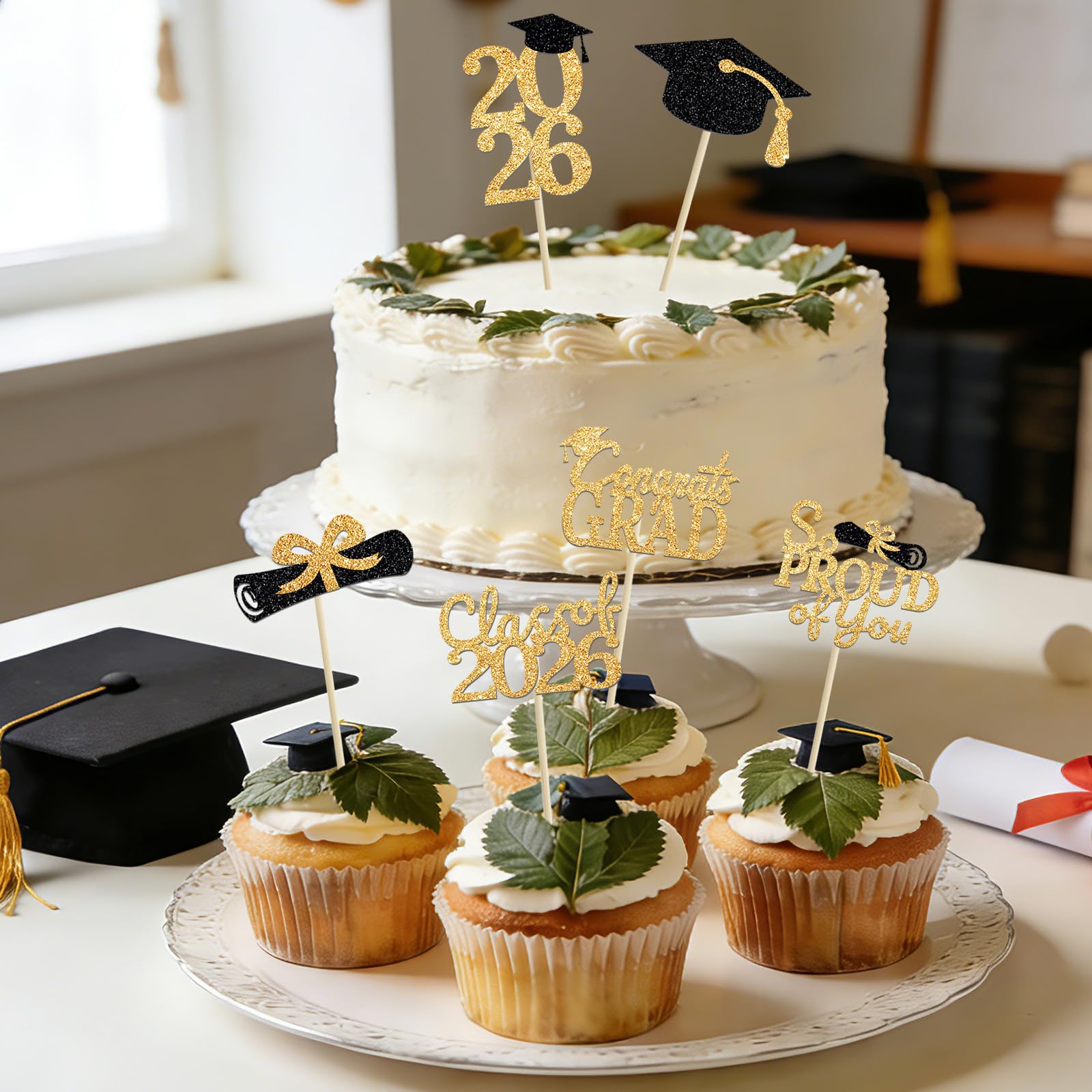 24 Pcs Graduation Cupcake Toppers 2026 - Congrats Grad Decorations Class of 2026, Pre-Assembled Black Gold Grad Cake Topper Centerpieces