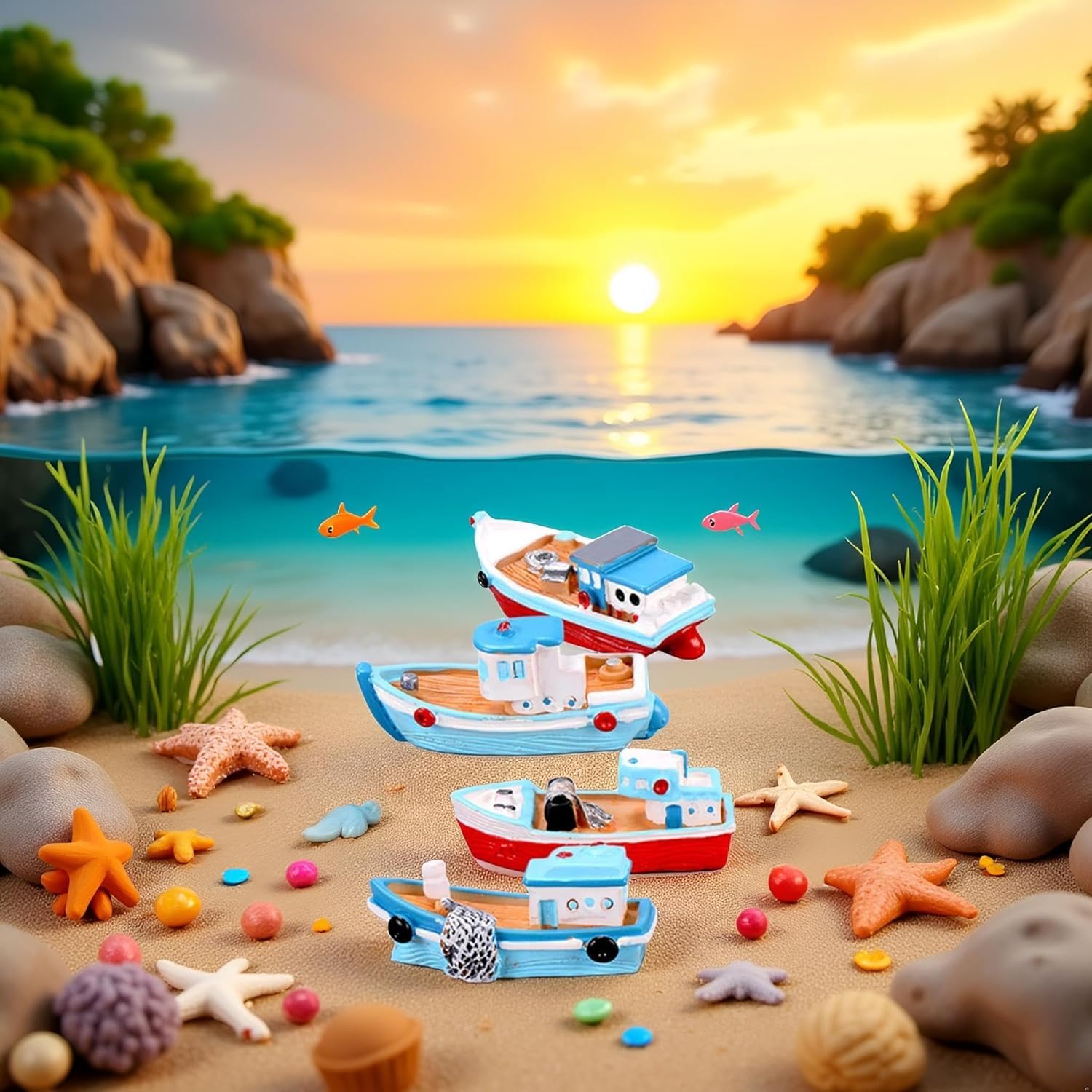 2Pcs Miniature Dollhouse Boat Mini Fishing Boat,Yacht Model Mediterranean Decor Resin Desktop Boats Figurines Ornament Ocean Beach Micro Landscape