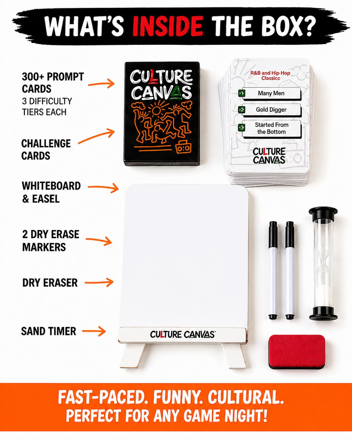 CP TIME Culture Canvas Drawing Party Game Celebrating Black Culture, 300+ Cards, 7 Categories, with Whiteboard, Markers, and Sand Timer, for Ages 8
