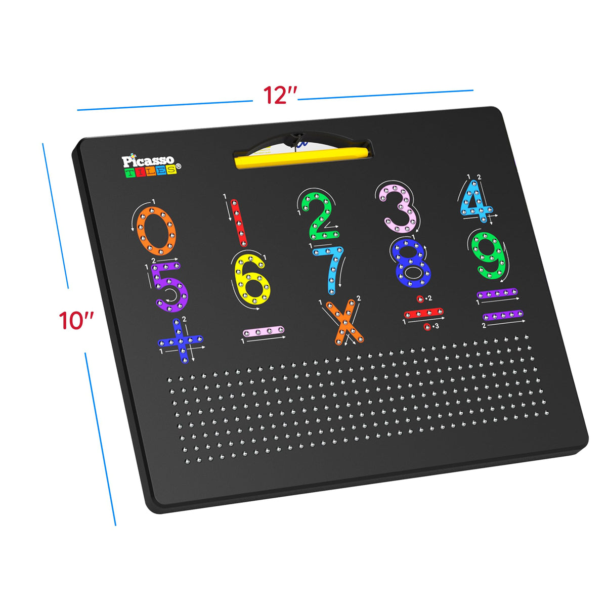 PicassoTiles 2in1 Magnetic Drawing Board Toy 12x10 In Large Magnet Bead Pad with Alphabet and Math Side in Black STEM Educational Writing Playboard