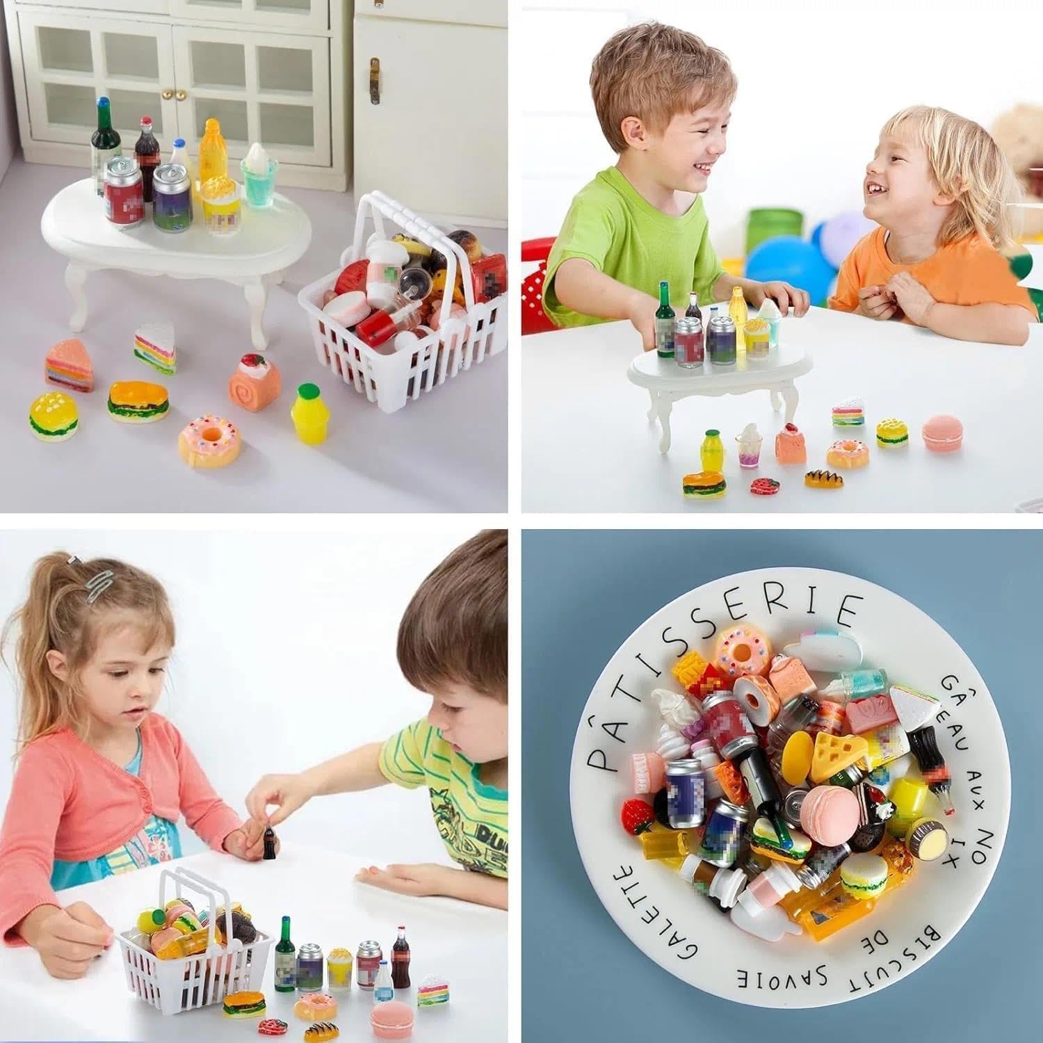 50 Pcs Miniature Food Drink Bottles Soda Pop Cans Pretend Play Kitchen Game Party Accessories Toys Hamburg Cake Ice Cream for 1/12 Doll House