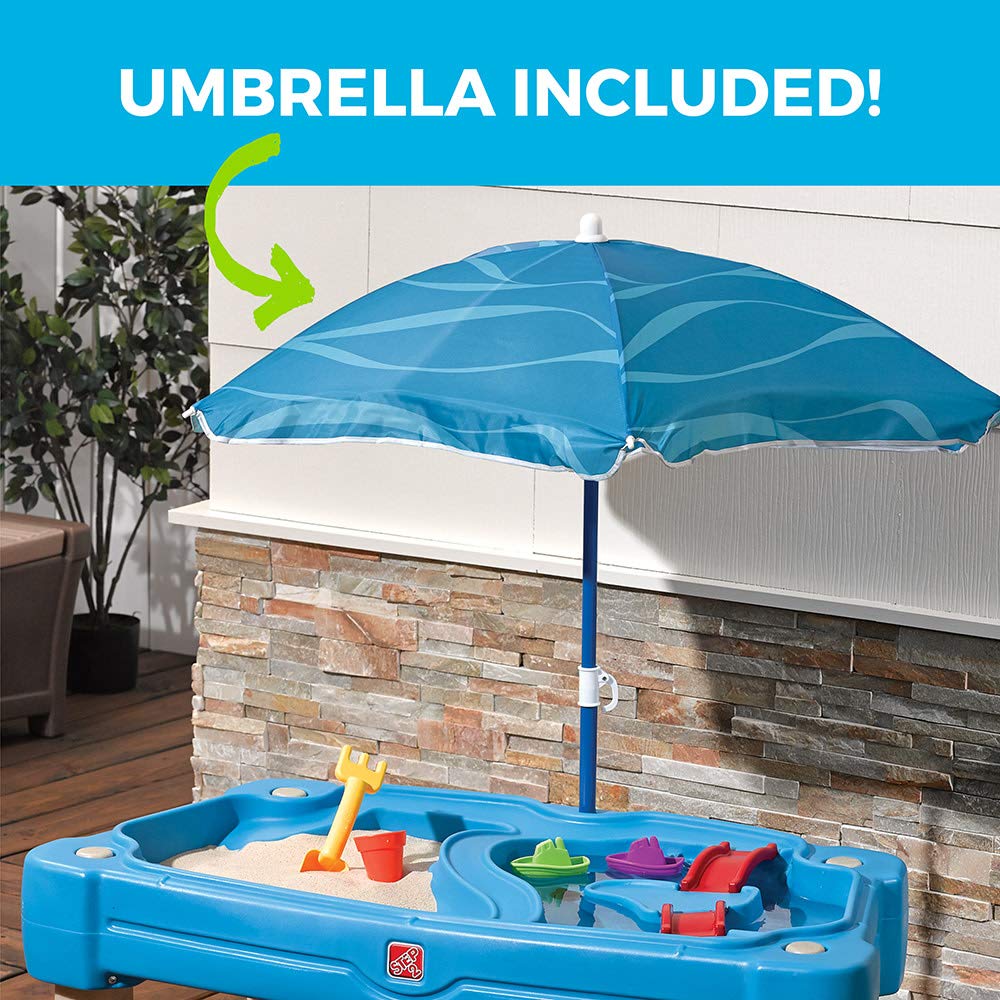 Step2 Cascading Cove Sand and Water Table, Kids Activity Sensory Playset, Comes with Umbrella, Summer Outdoor Toys, 7 Piece Toy Accessories,