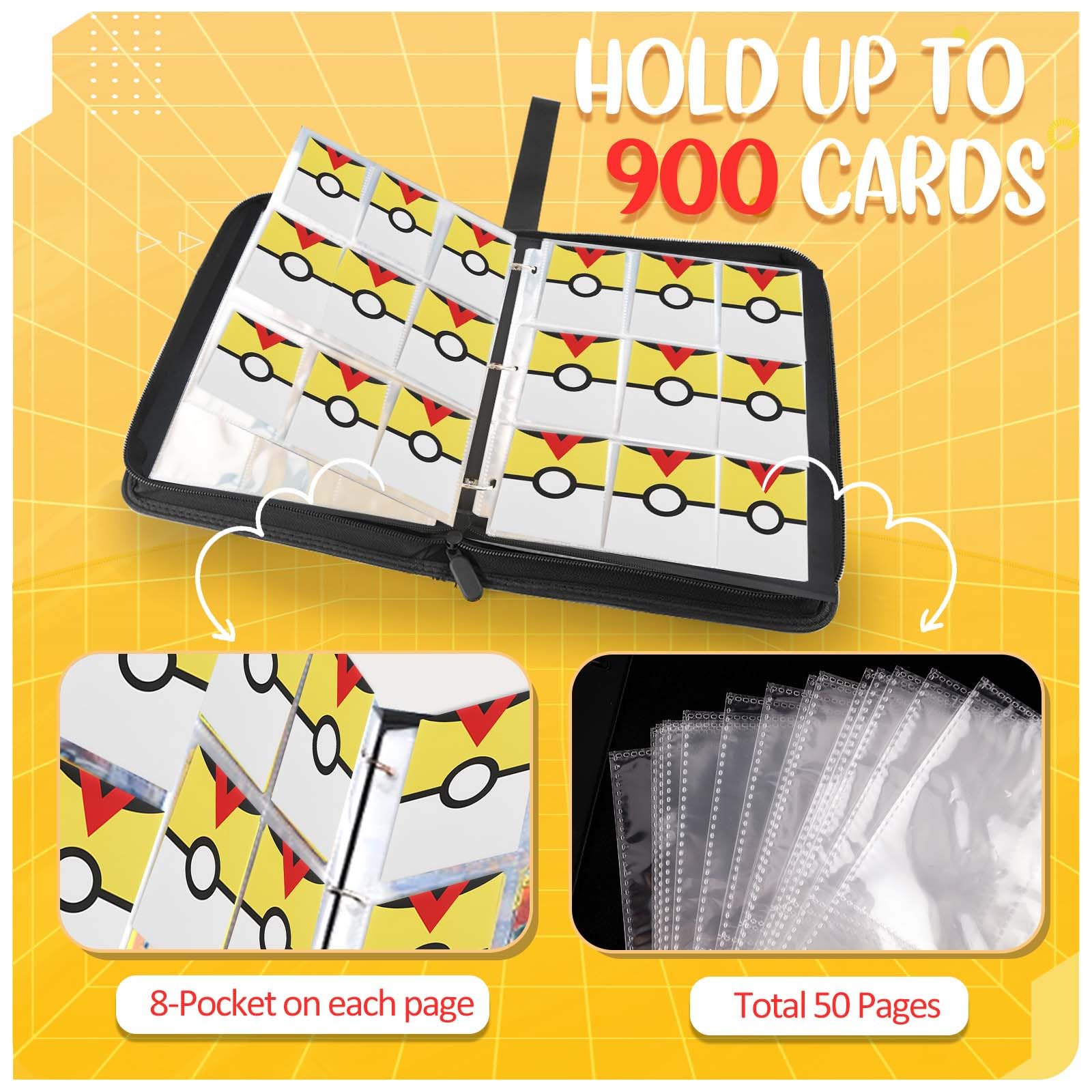 900 - Pockets Trading Card Binder with Removable 50 Sleeves, Card Collector Album with Zipper, Portable Card Holder Book Fits Sports Card, Game Card
