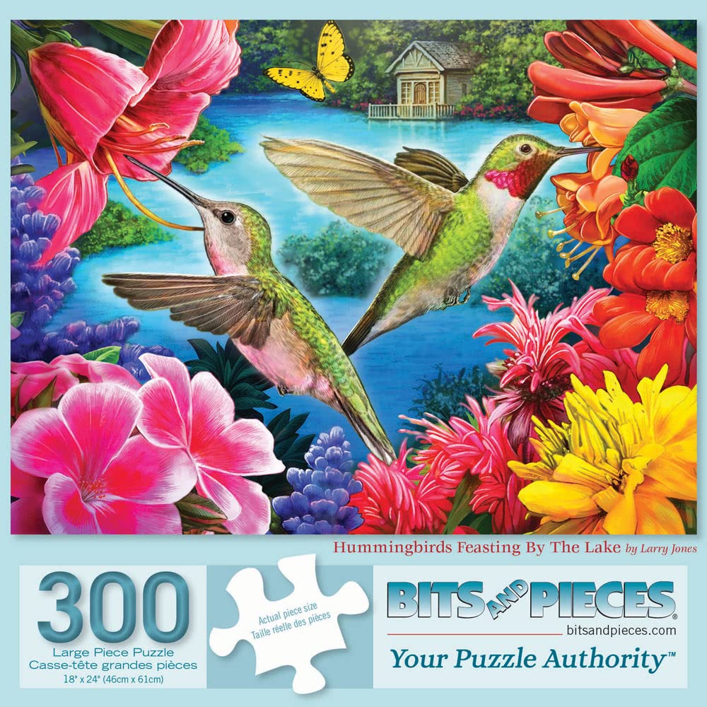 Bits and Pieces - Large 300 Piece Jigsaw Puzzle for Adults - Hummingbird Feasting Jigsaw Puzzle by Artist Larry Jones, Completed Puzzle Size: 18" x
