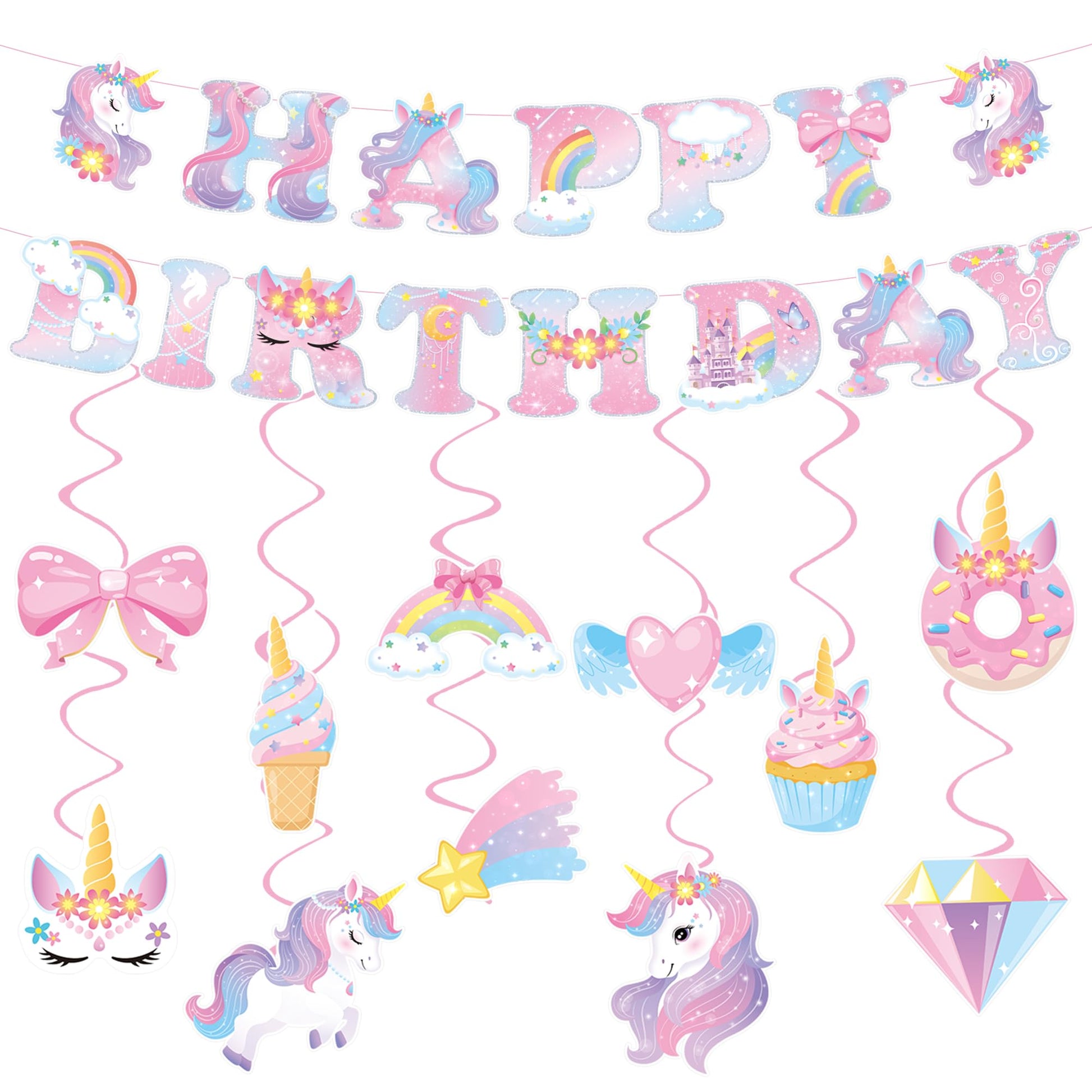 Unicorn Birthday Decorations for Girls, Unicorn Party Supplies with Unicorns Rainbow Happy Birthday Banner & Hanging Swirls, Magical Unicorns Themed
