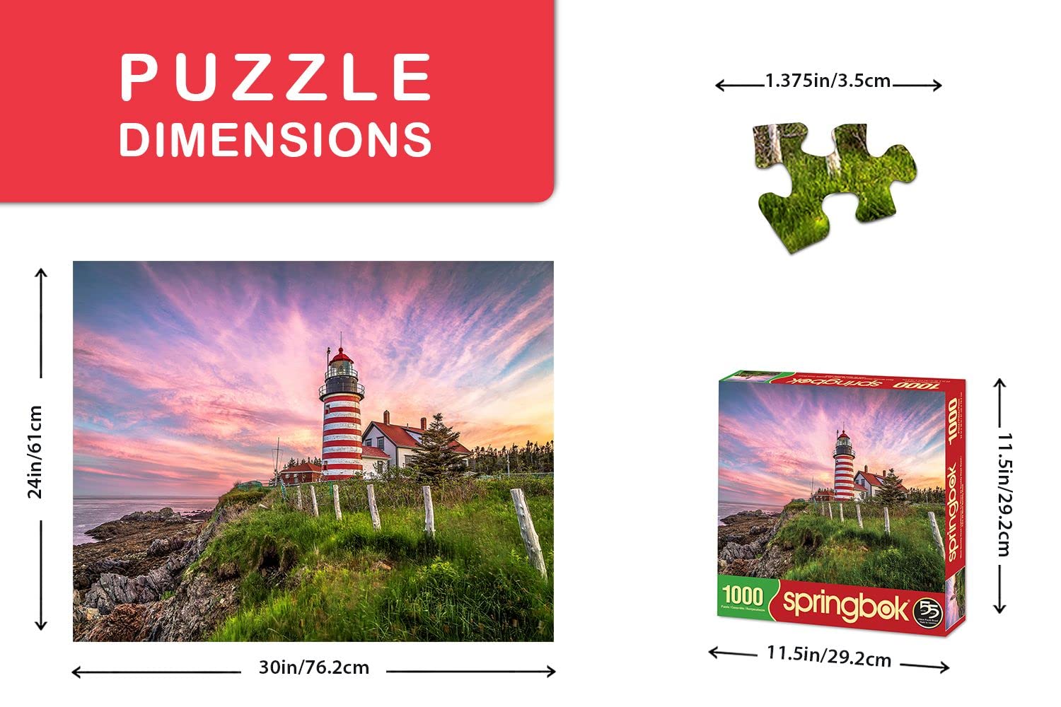 Springbok Puzzles - West Quoddy Head Lighthouse - 1000 Piece Jigsaw Puzzle - Large 30 Inches by 24 Inches Puzzle - Made in USA - Unique Cut