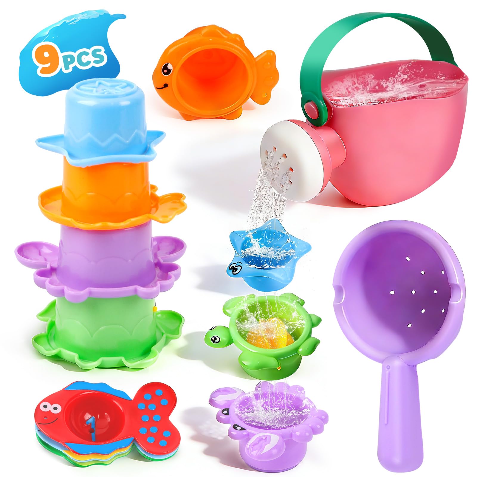 Baby Bath Toys for Kids Ages 1-3 9PCS Toddler Bath Toys Mold Free for 2-4 with Watering Can & Stacking Cups Colorful Bathtub Pool Water Toys for 1+