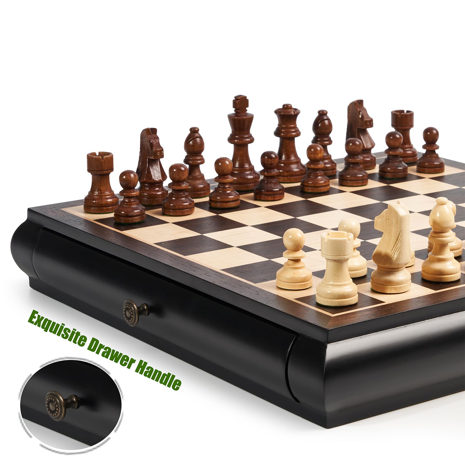 VAMSLOVE Wooden Chess Checkers Game Set 15.5" Large Size Board w/Storage Drawers, Weighted Chess Pieces - 2 Extra Queens 3" King, Gift for Birthday