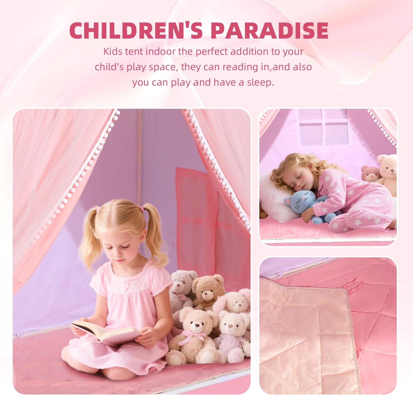 Kids Play Tents Indoor Outdoor Toddler Tent Kids Playhouse Tent Large Teepee Castle (Pink)