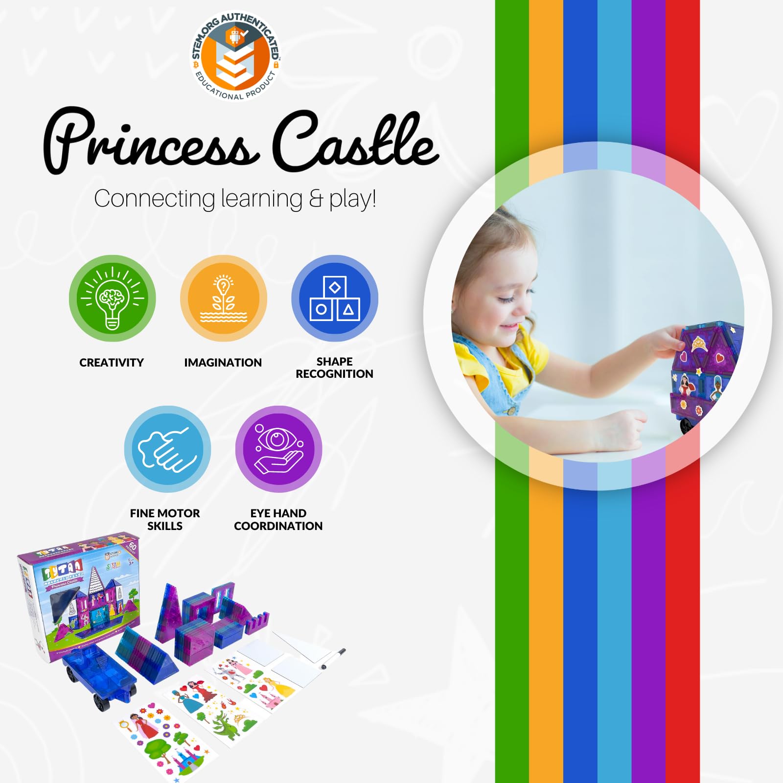 Tytan Tiles Princess Castle 60-Piece Magnetic Tiles Building Set, Adorable Kids’ STEM Toy, Creative Play, Shape & Pattern Recognition, Fine Motor