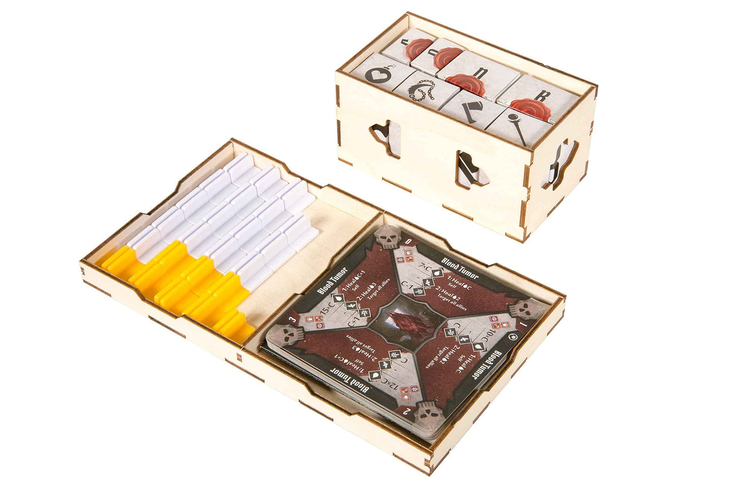 The Broken Token Game Organizer Compatible with Jaws of the Lion - Wooden Game Organizing Box with Multiple Trays