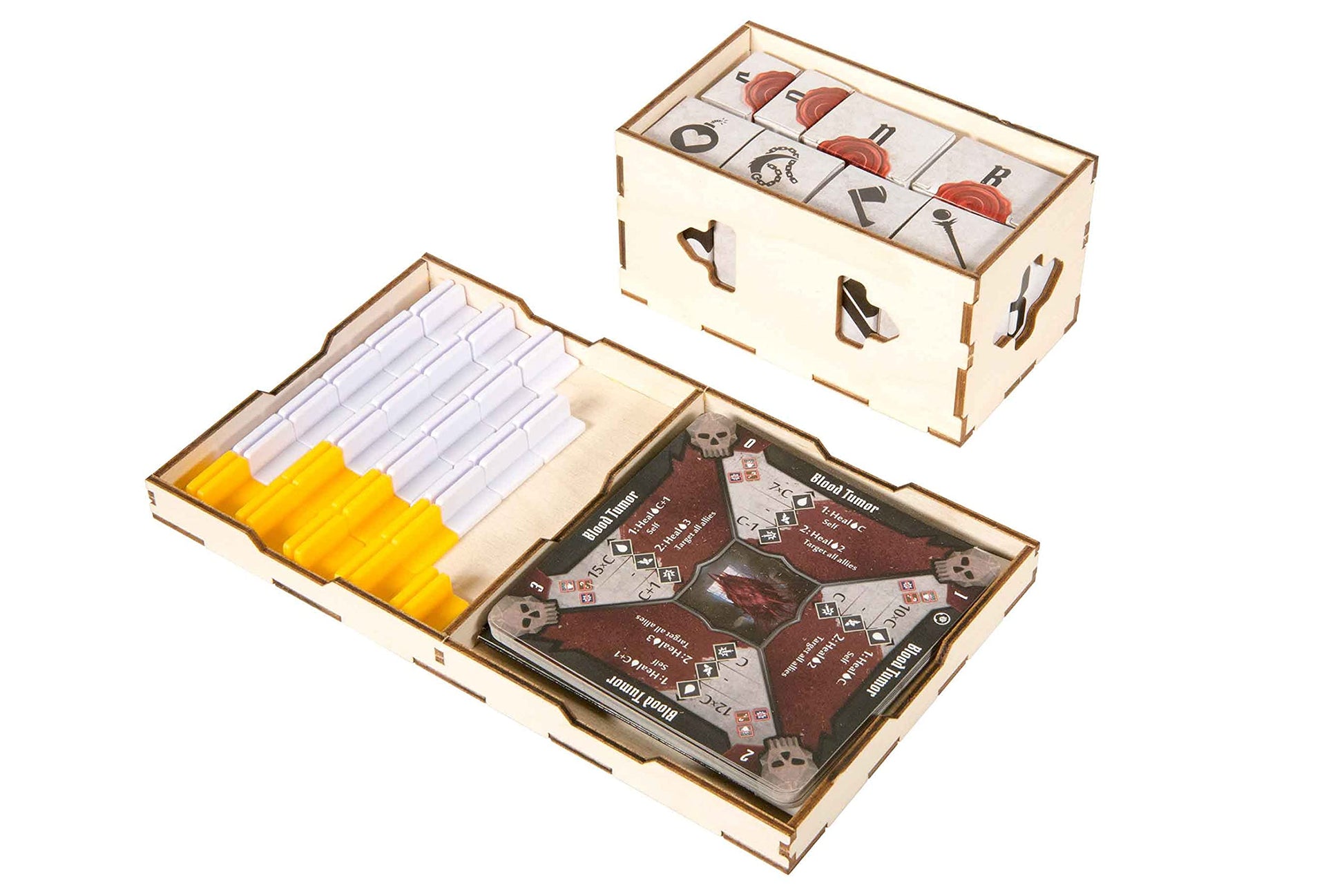 The Broken Token Game Organizer Compatible with Jaws of the Lion - Wooden Game Organizing Box with Multiple Trays