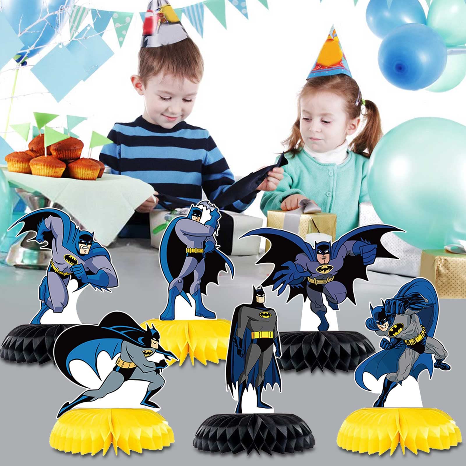 Bat-Man Birthday Party Supplies - 6pc Bat Hero Theme Table Centerpieces, Double Side Honeycomb Table Decorations, Cake Toppers, Photo Booth Props,