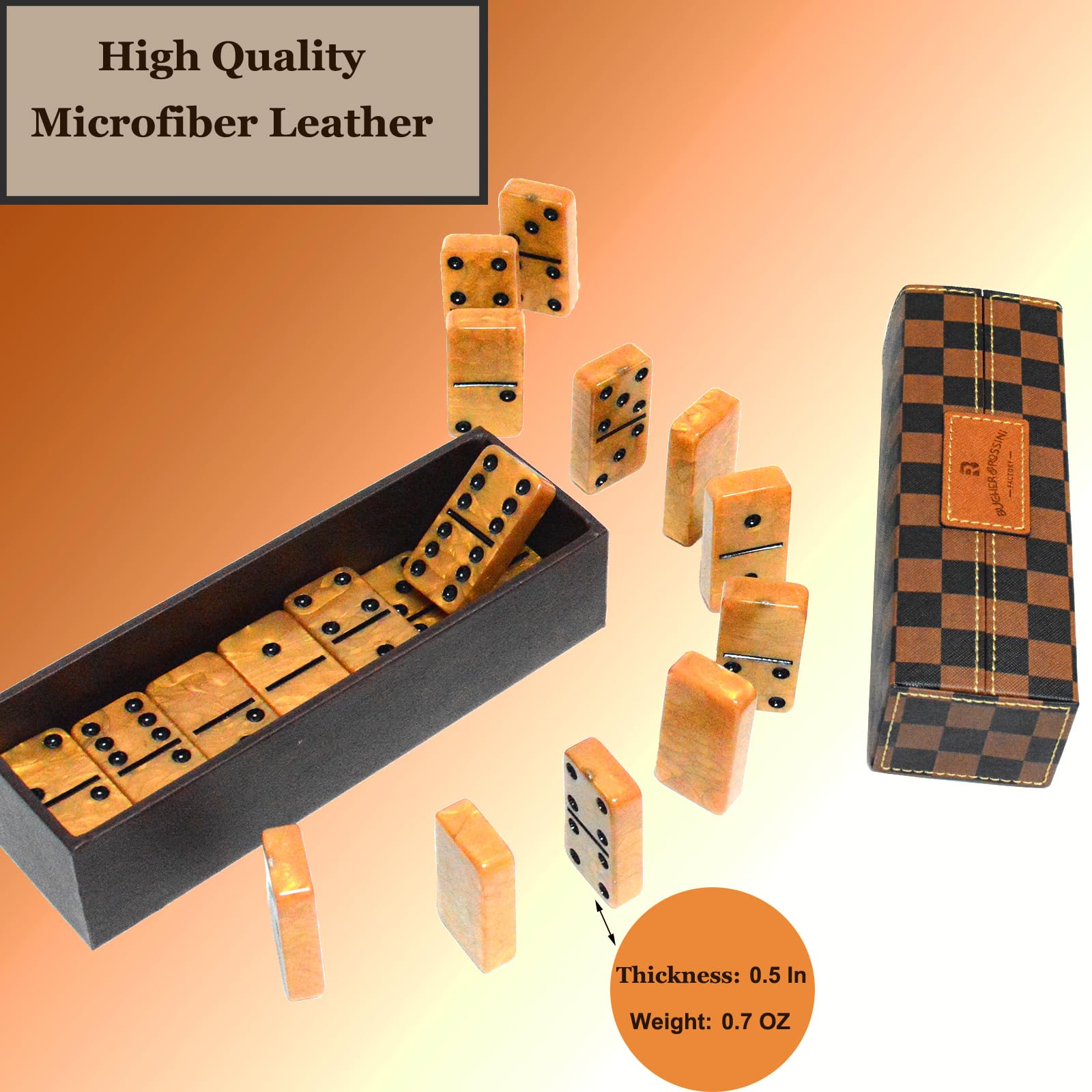 Vovotuzzi Dominos Set for Adults, Thick Domino, Double 6 Dominoes Set for Adults and Kids, 28 Marbleized Gold Tiles in Brown Leather Case, Travel