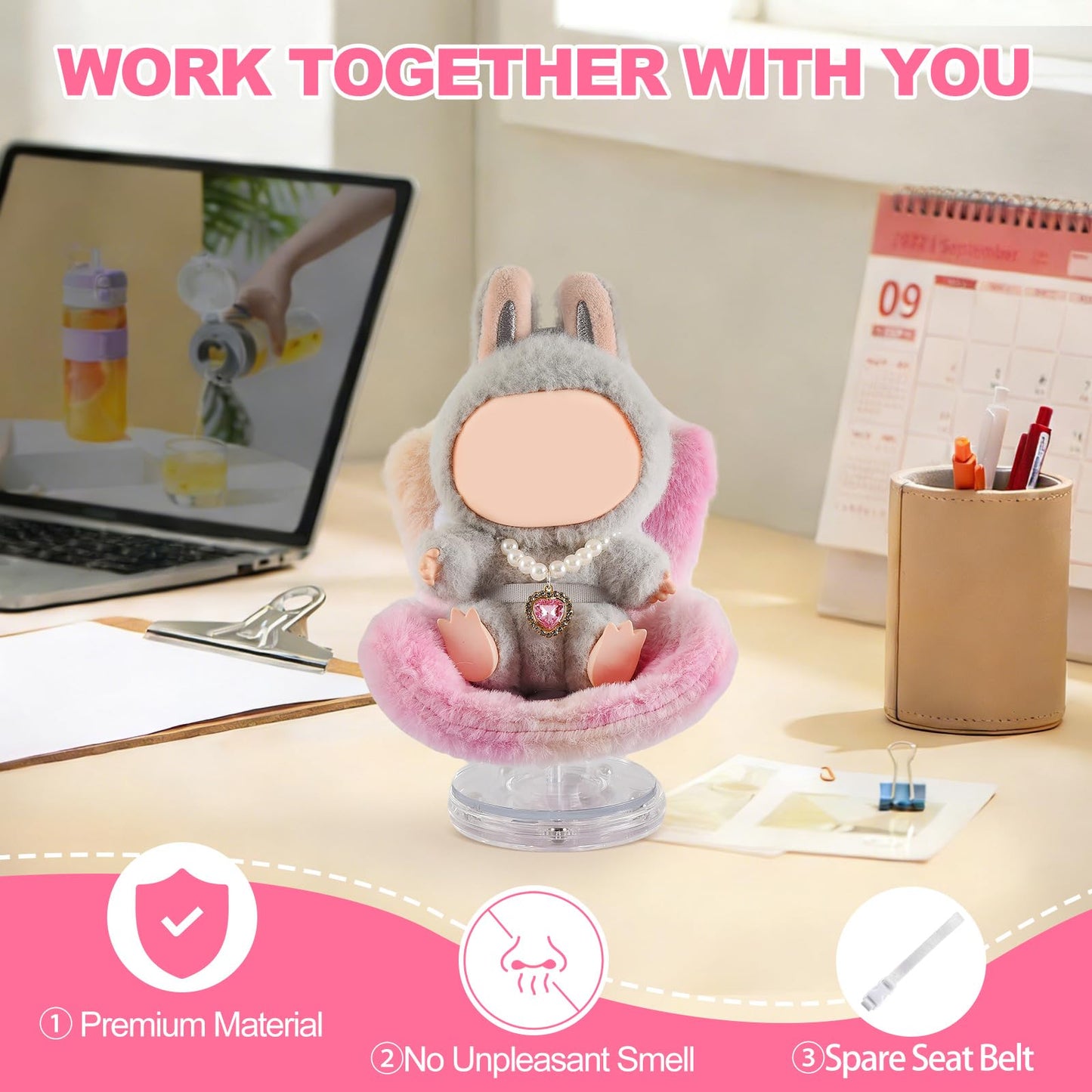 SYFLHYP Cute Doll Car Seat for Labubu, Premium Car Seat Accessories for 4-7in Dolls, 360° Rotation, Including Air Vent Clip, Desktop Stand, Adjustable