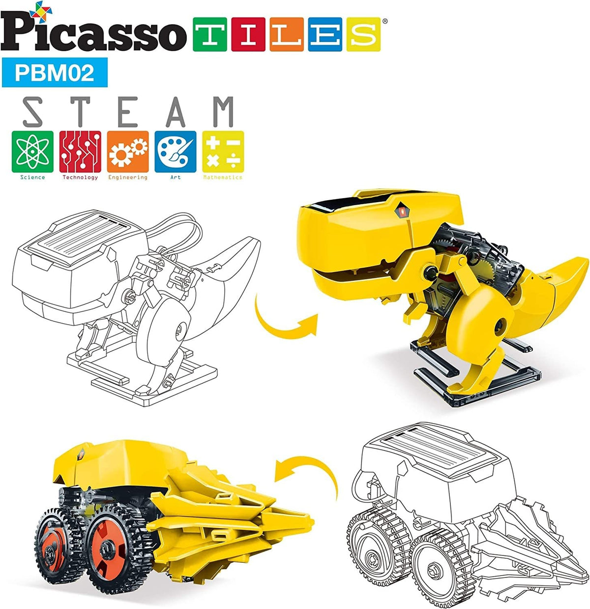 PicassoTiles Dinosaur Robot Solar Powered STEM Unique Transformation Renewable Sun Energy Educational Learning Engineering Building Toy 3-in-1 Science