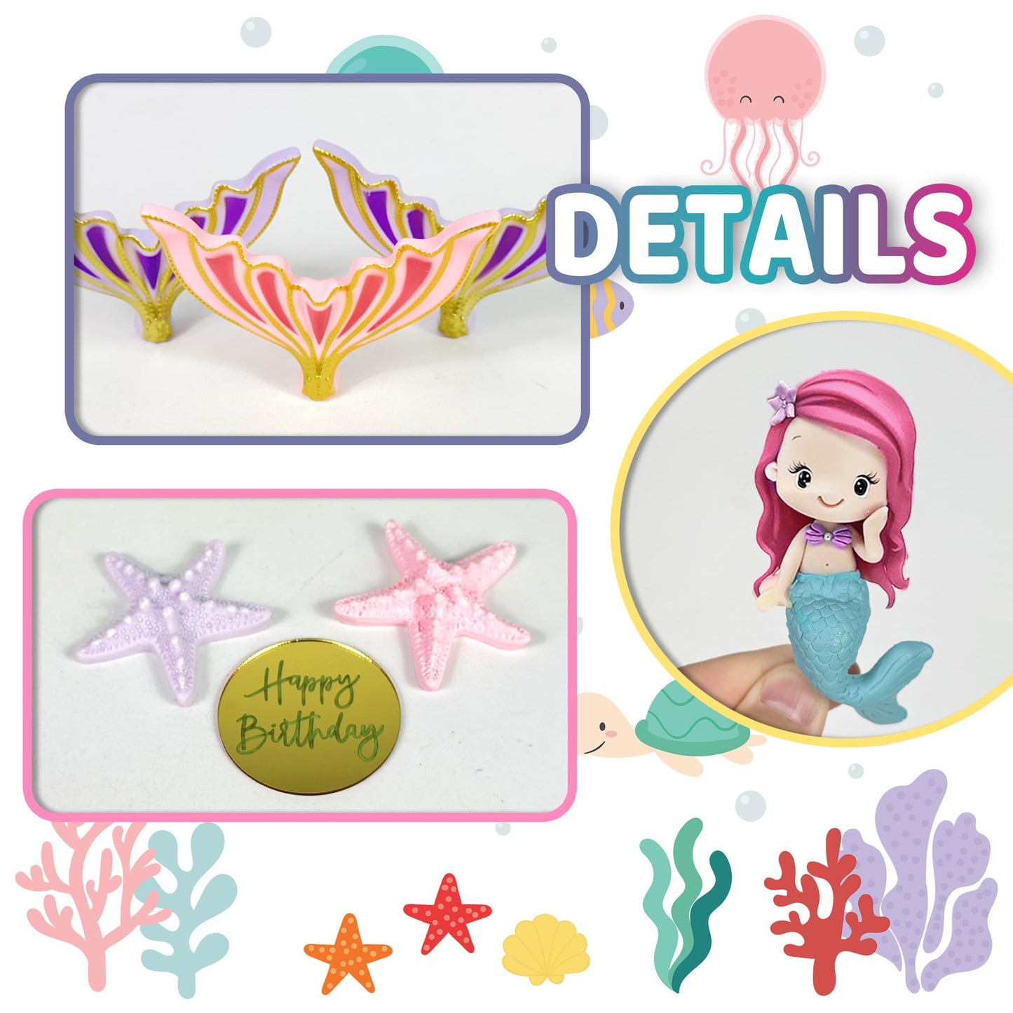 Mermaid Cake Toppers with Mermaid Shells Fishtails Balls Ginkgo Leaf for Birthday