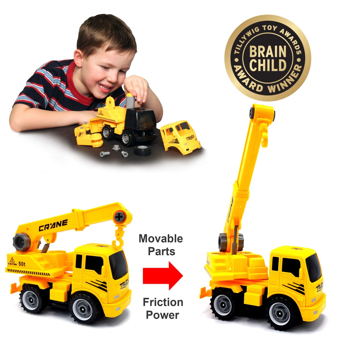 MUKIKIM Construct A Truck - Crane. Take it Apart & Put it Back Together + Friction Powered(2-Toys-in-1!) Awesome Award Winning Toy That Encourages
