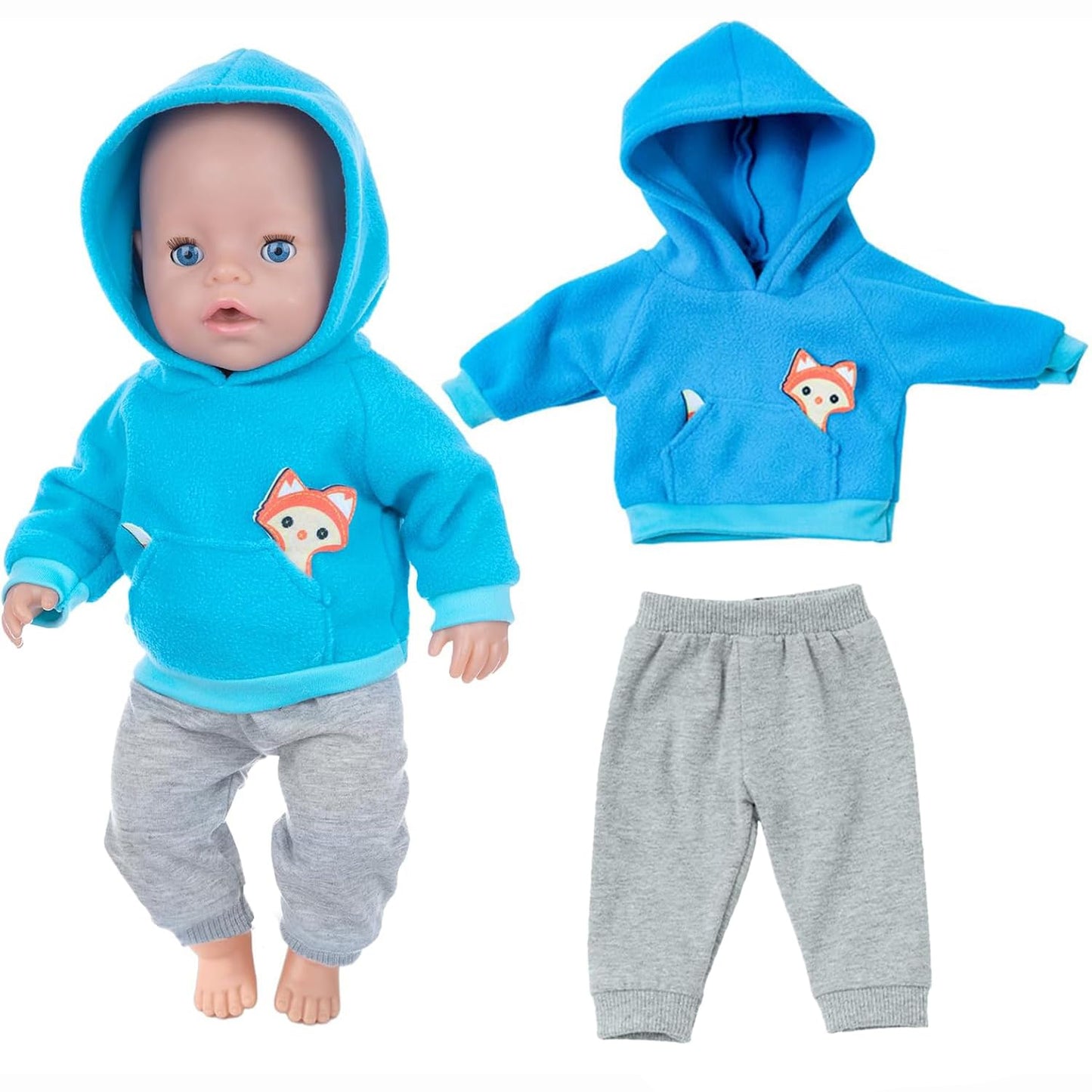 DVKKHD Baby Doll Clothes for 18 Inch Dolls, 14-16 Inch Cool Baby Doll Outfits Hoodies Suit, Blue Fashion Clothing Sweatshirt Compatible with 43cm