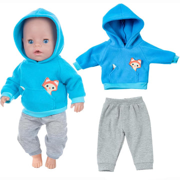 DVKKHD Baby Doll Clothes for 18 Inch Dolls, 14-16 Inch Cool Baby Doll Outfits Hoodies Suit, Blue Fashion Clothing Sweatshirt Compatible with 43cm