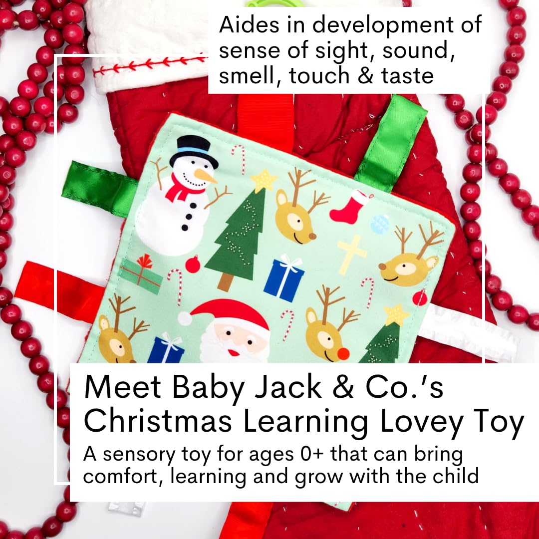 Baby Jack & Co 8x8” Baby's First Christmas, Stocking Stuffer, Santa Gift, Rudolph Red Nose Lovey Tag Toy - Crinkle Toy for Developing 5 Senses