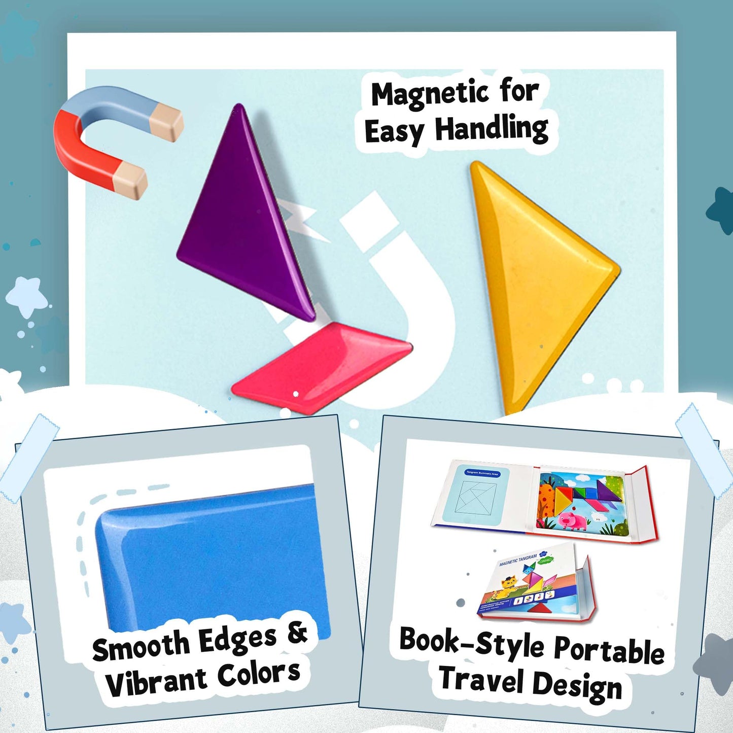 Magnetic Tangram Puzzles for Kid with 368 Patterns Booklet & 30 Theme Pages & Metal Board, Tangrams for Kids Ages 4-8 with Portable Box, Magnetic